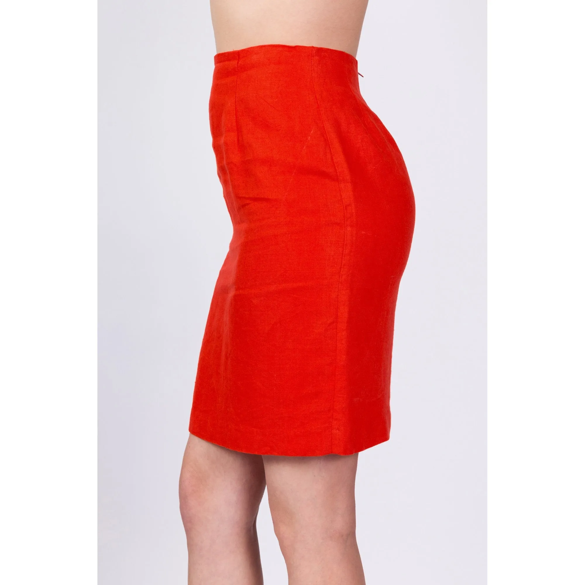 70s Red-Orange Mini Pencil Skirt - Small, 27"