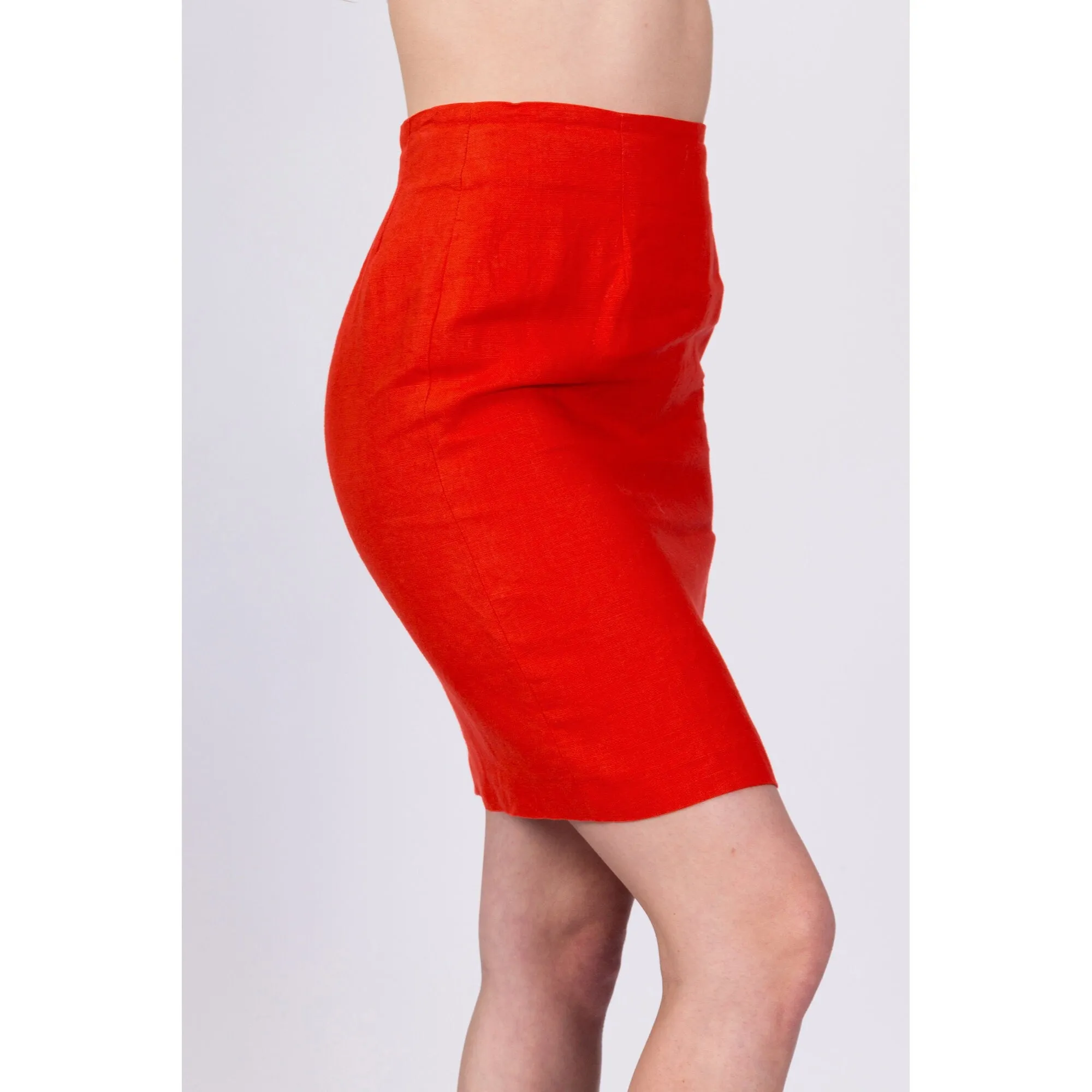 70s Red-Orange Mini Pencil Skirt - Small, 27"