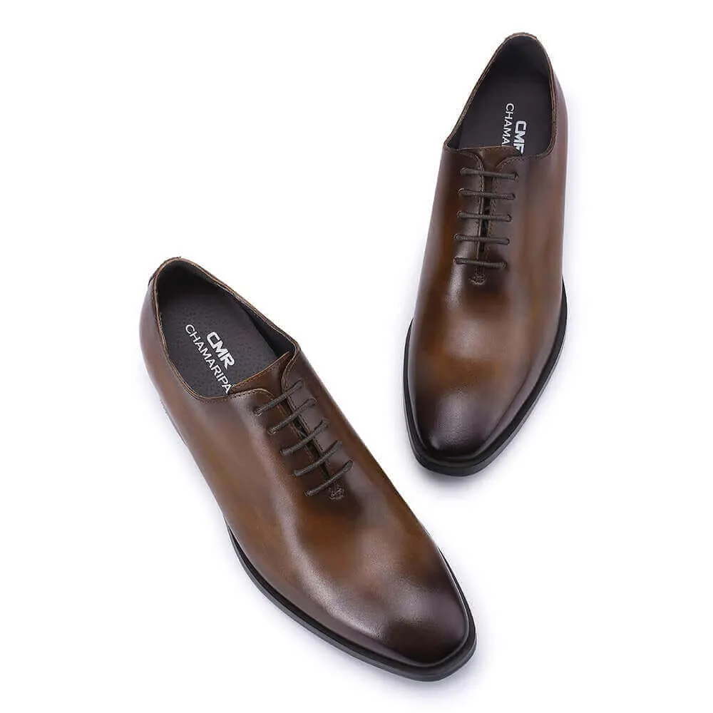 7CM/ 2.76 Inches Taller - CMR CHAMARIPA Elevator Dress Shoes For Men - Brown Calfskin Wedding Shoes