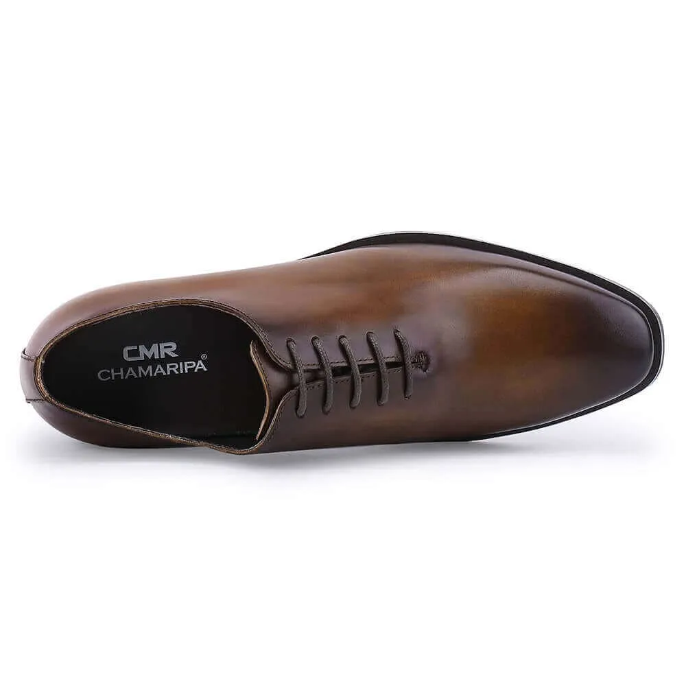 7CM/ 2.76 Inches Taller - CMR CHAMARIPA Elevator Dress Shoes For Men - Brown Calfskin Wedding Shoes