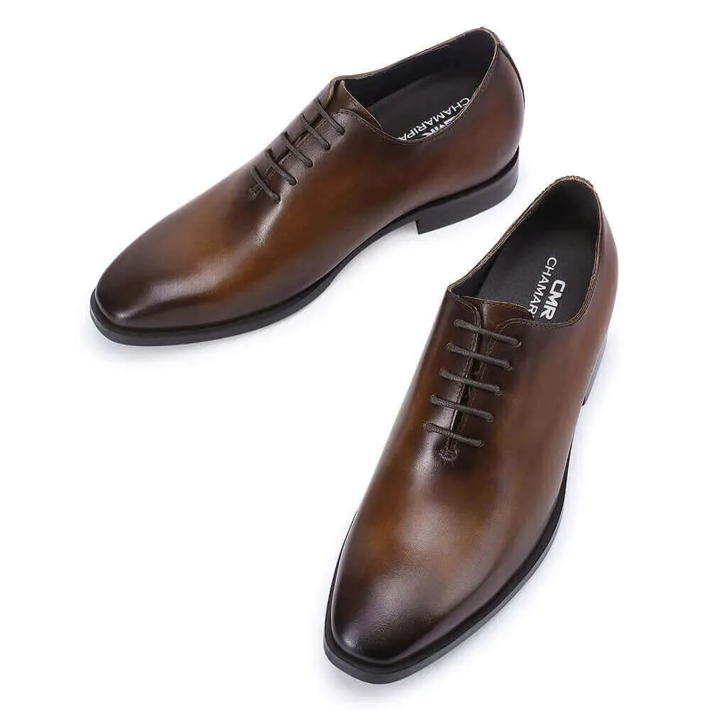 7CM/ 2.76 Inches Taller - CMR CHAMARIPA Elevator Dress Shoes For Men - Brown Calfskin Wedding Shoes