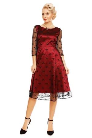 Anastasia Retro Bow Lace Sleeve Swing Dress in Red-Black