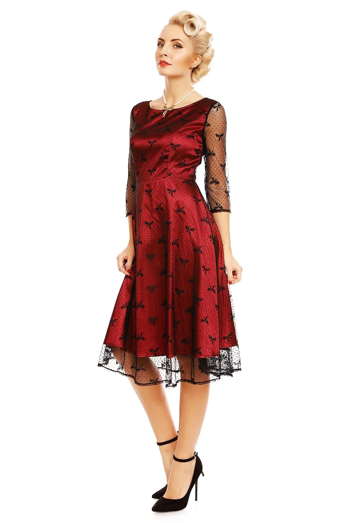 Anastasia Retro Bow Lace Sleeve Swing Dress in Red-Black