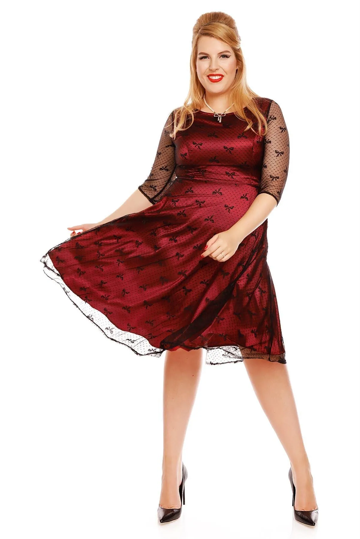 Anastasia Retro Bow Lace Sleeve Swing Dress in Red-Black