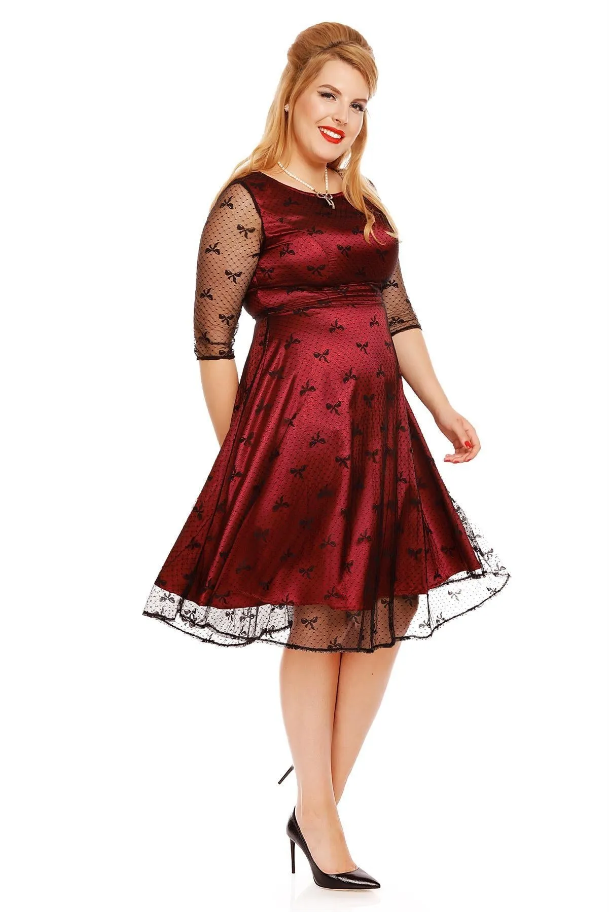 Anastasia Retro Bow Lace Sleeve Swing Dress in Red-Black