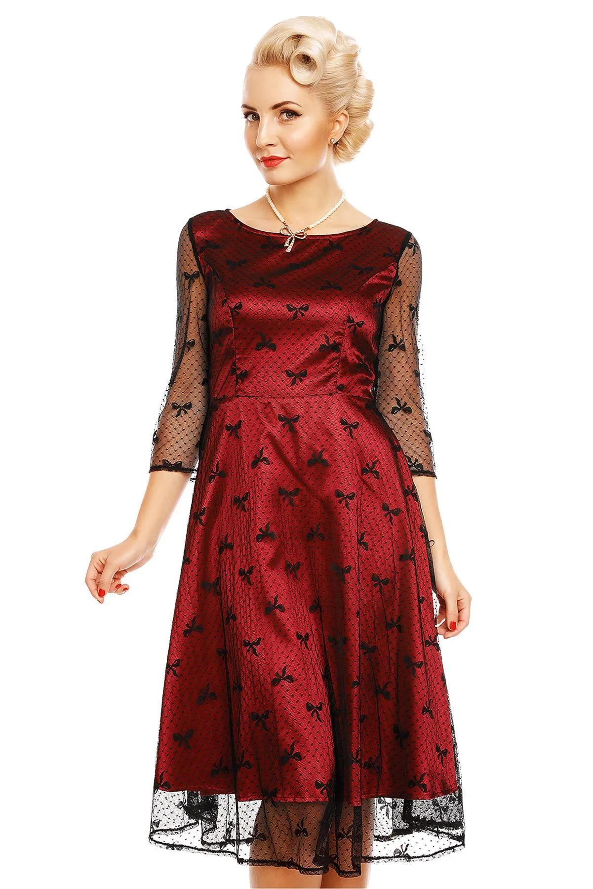 Anastasia Retro Bow Lace Sleeve Swing Dress in Red-Black