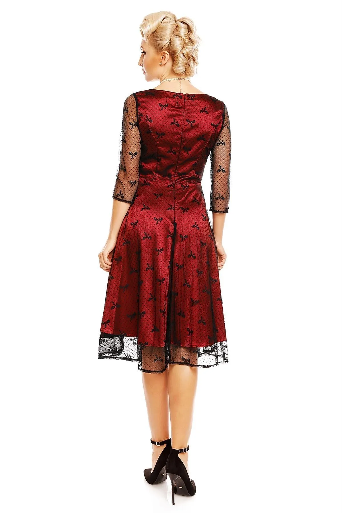 Anastasia Retro Bow Lace Sleeve Swing Dress in Red-Black