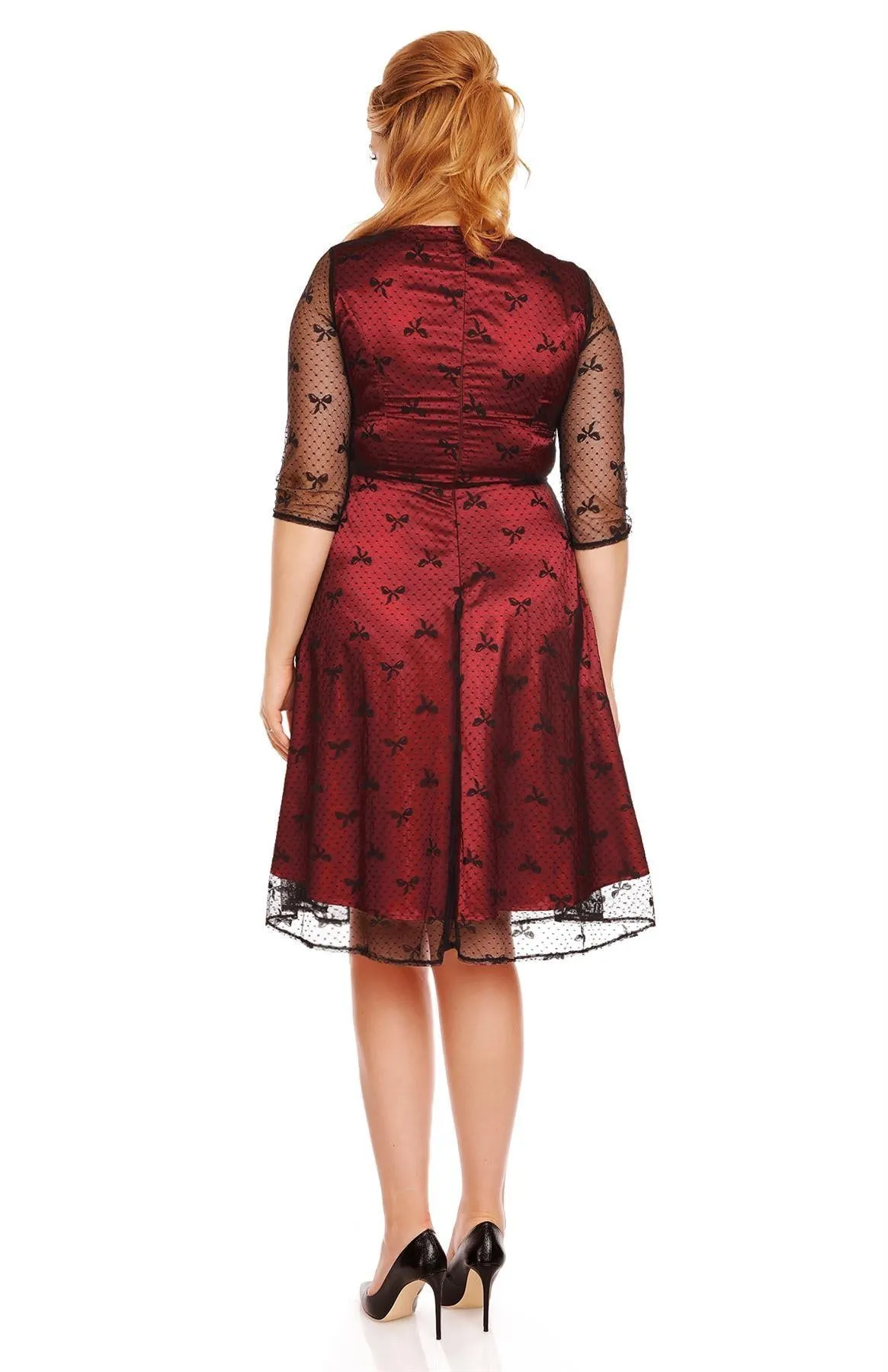 Anastasia Retro Bow Lace Sleeve Swing Dress in Red-Black