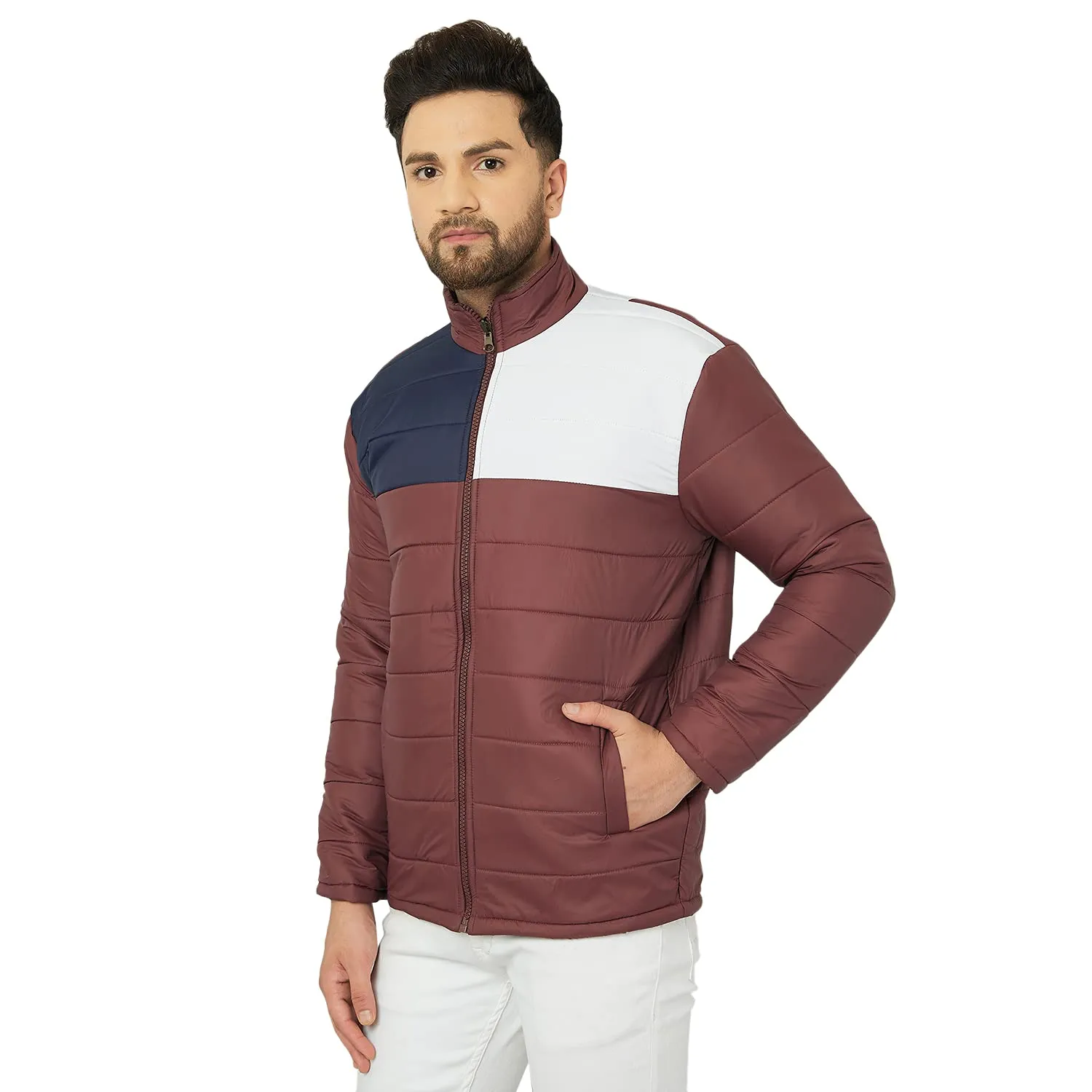 Ben Martin Men's Regular Fit Quilted Nylon Casual Jacket, Navy-White-Maroon Medium