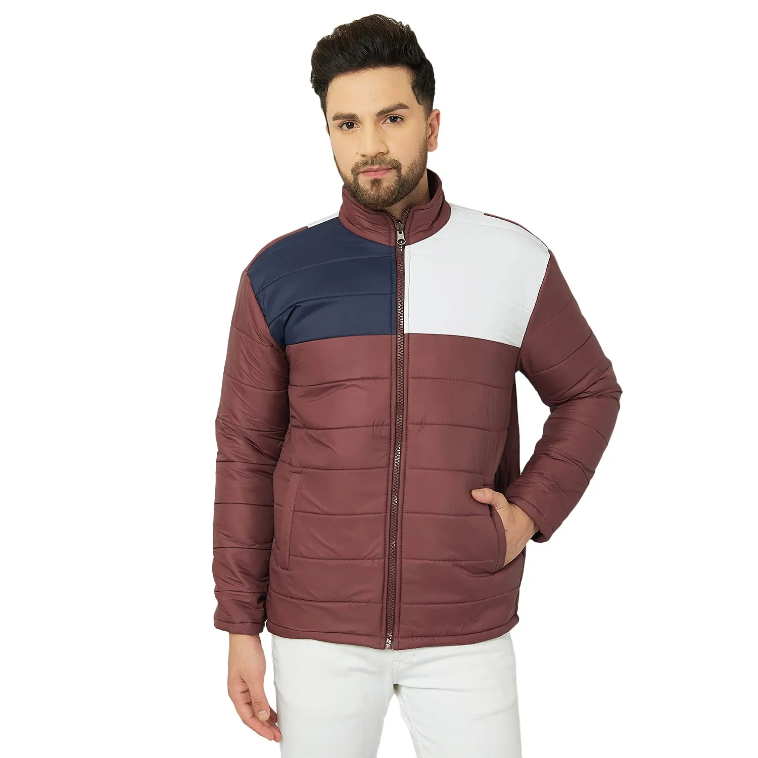 Ben Martin Men's Regular Fit Quilted Nylon Casual Jacket, Navy-White-Maroon Medium