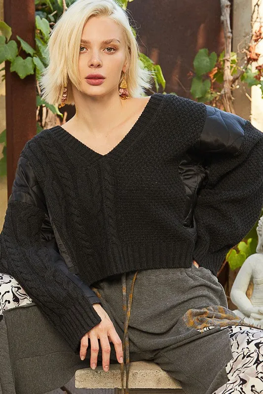 Cable Knit Quilting Patch V-Neck Sweater