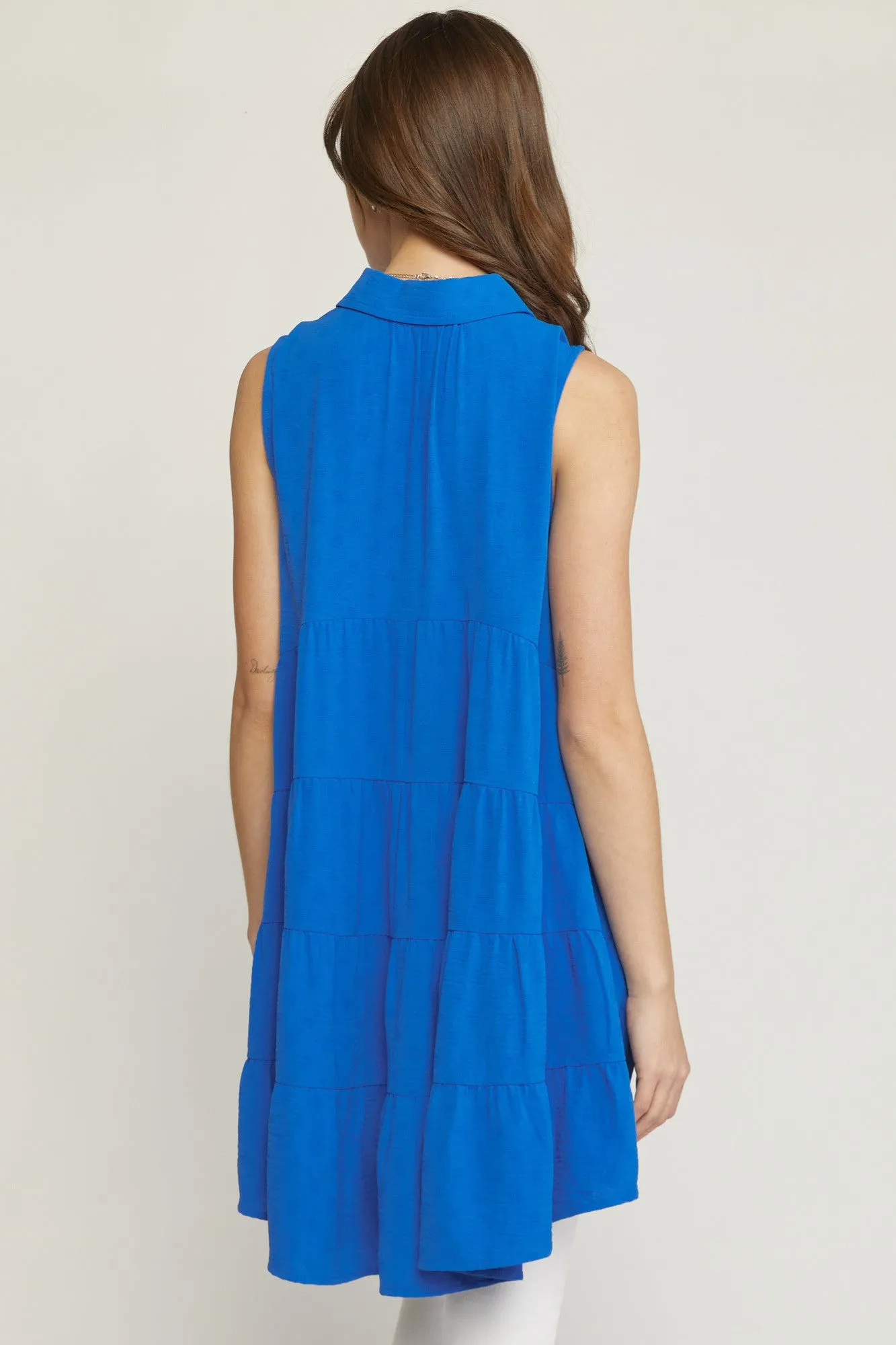 Colbalt Blue Collared Sleeveless Tiered Tunic Top