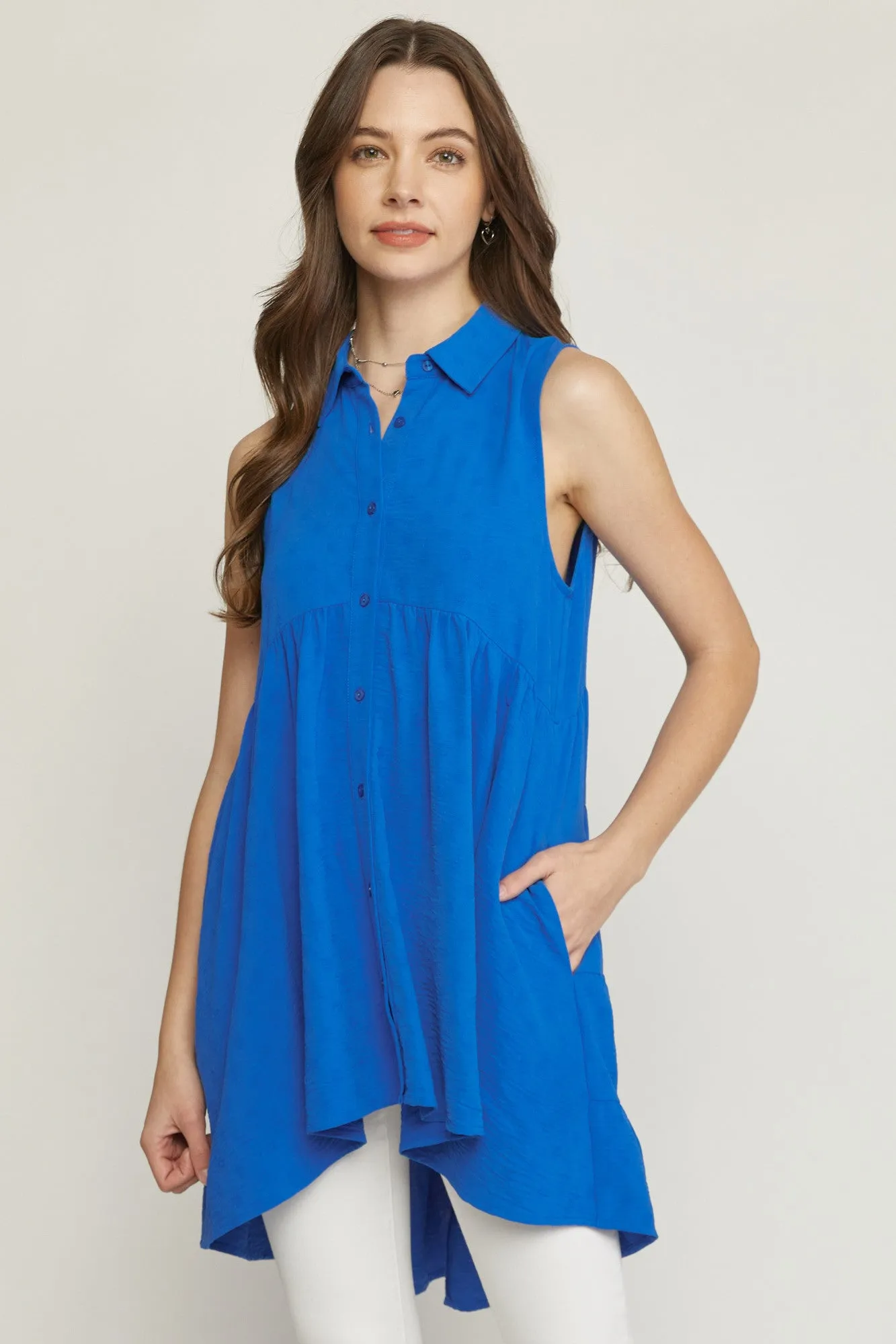 Colbalt Blue Collared Sleeveless Tiered Tunic Top