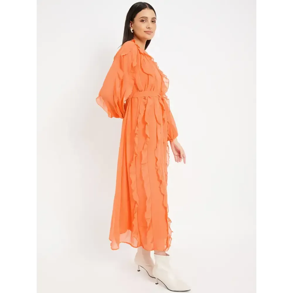 Drape and Dazzle Orange Stylish GGT Long Dress with Ruffle | Designer Dress for Women