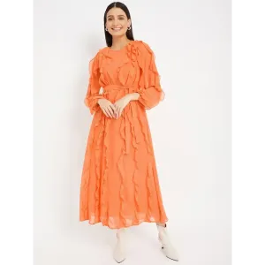 Drape and Dazzle Orange Stylish GGT Long Dress with Ruffle | Designer Dress for Women