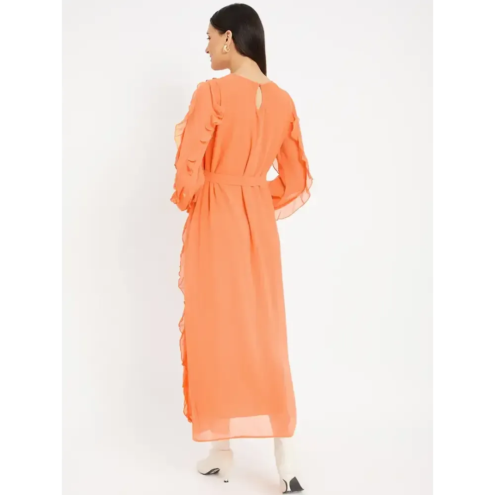 Drape and Dazzle Orange Stylish GGT Long Dress with Ruffle | Designer Dress for Women