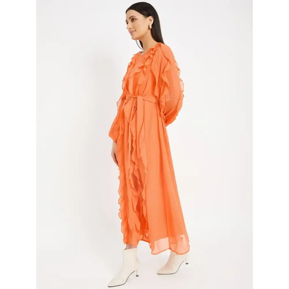 Drape and Dazzle Orange Stylish GGT Long Dress with Ruffle | Designer Dress for Women