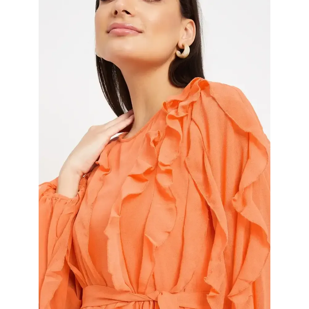 Drape and Dazzle Orange Stylish GGT Long Dress with Ruffle | Designer Dress for Women