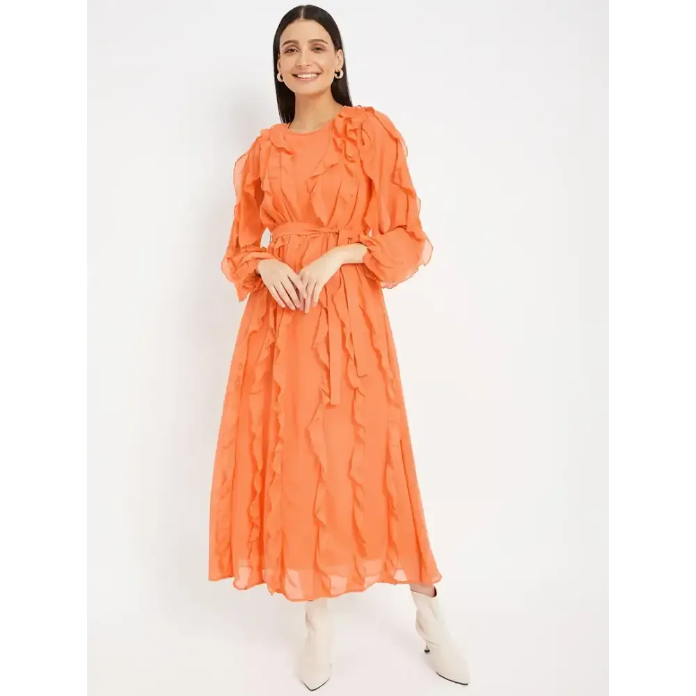 Drape and Dazzle Orange Stylish GGT Long Dress with Ruffle | Designer Dress for Women