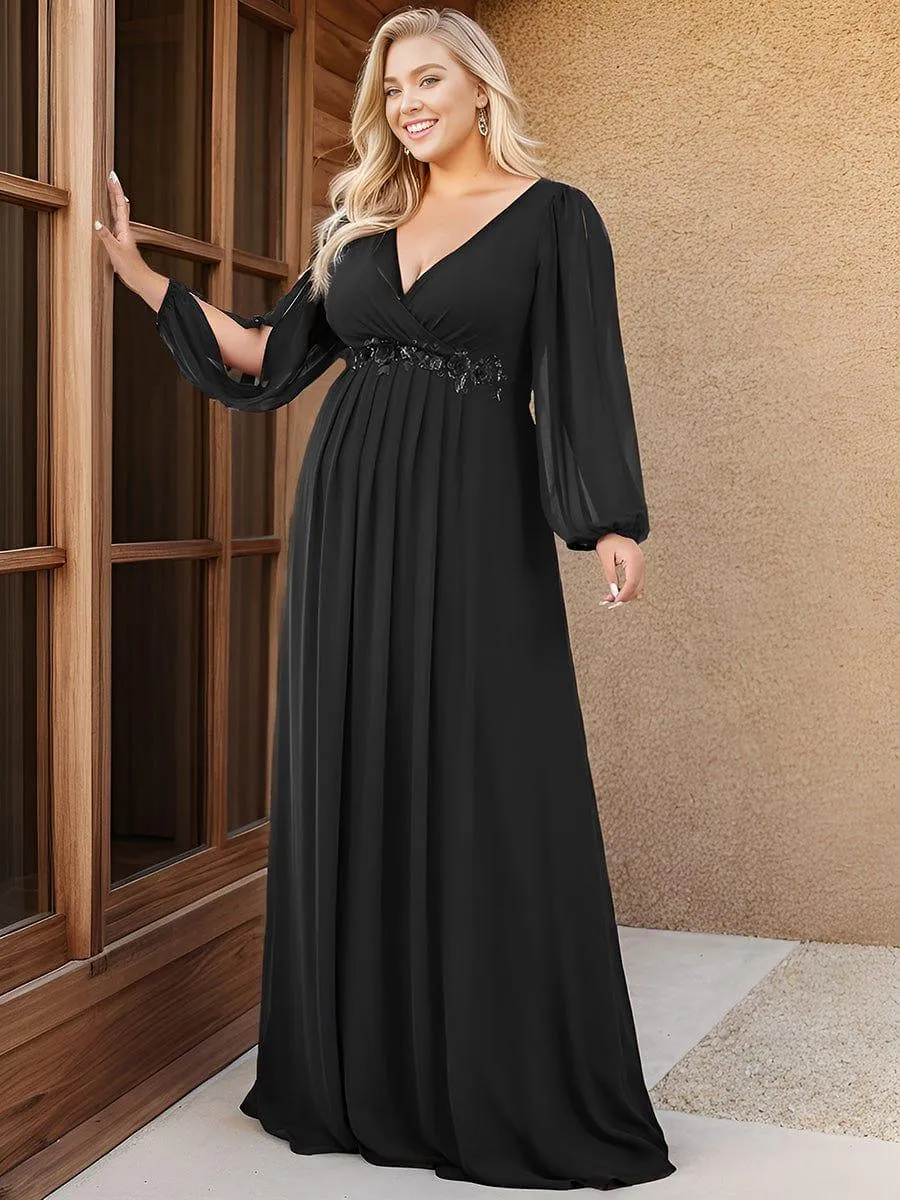 Iris | Stylish Plus Size Chiffon Formal Evening Dresses with Long Lantern Sleeves