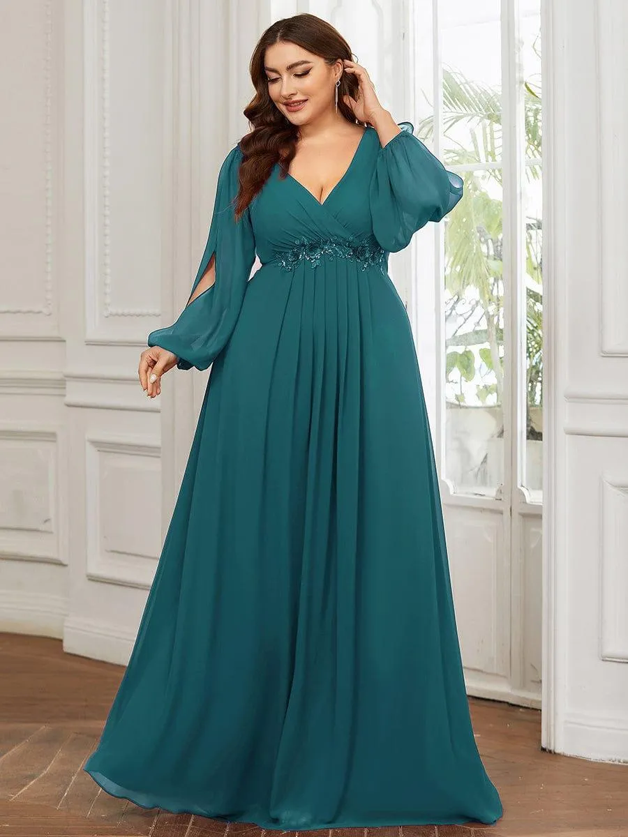 Iris | Stylish Plus Size Chiffon Formal Evening Dresses with Long Lantern Sleeves