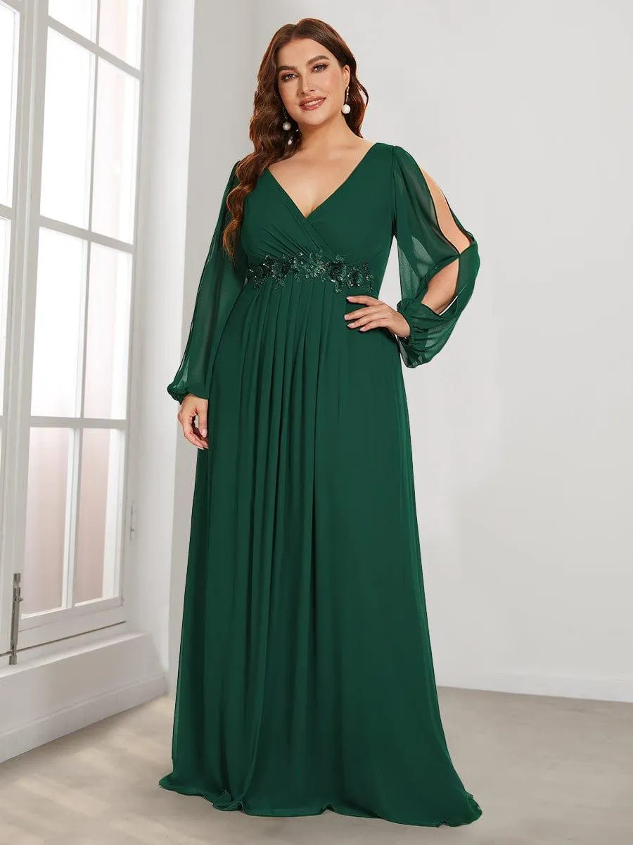 Iris | Stylish Plus Size Chiffon Formal Evening Dresses with Long Lantern Sleeves