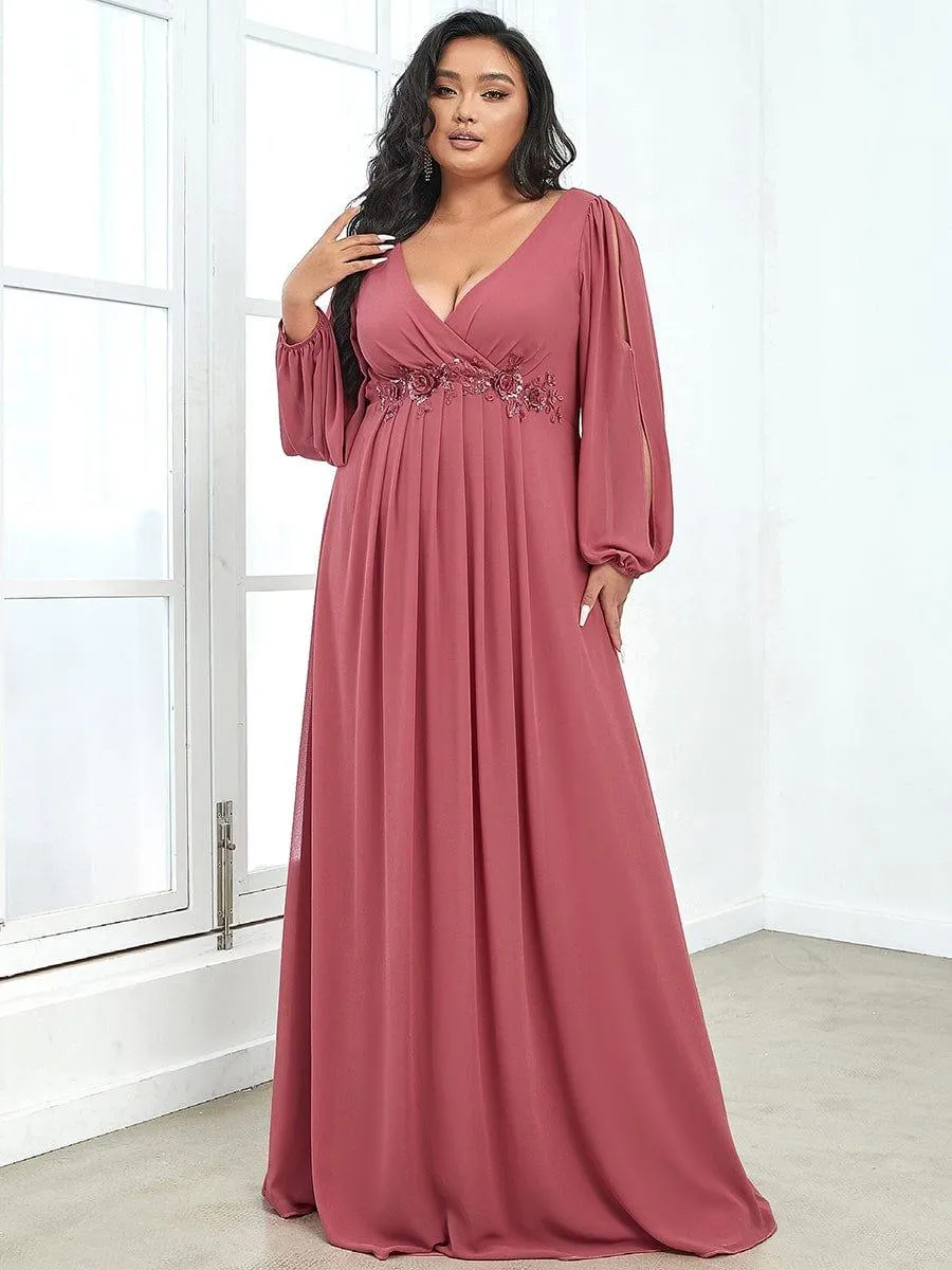 Iris | Stylish Plus Size Chiffon Formal Evening Dresses with Long Lantern Sleeves