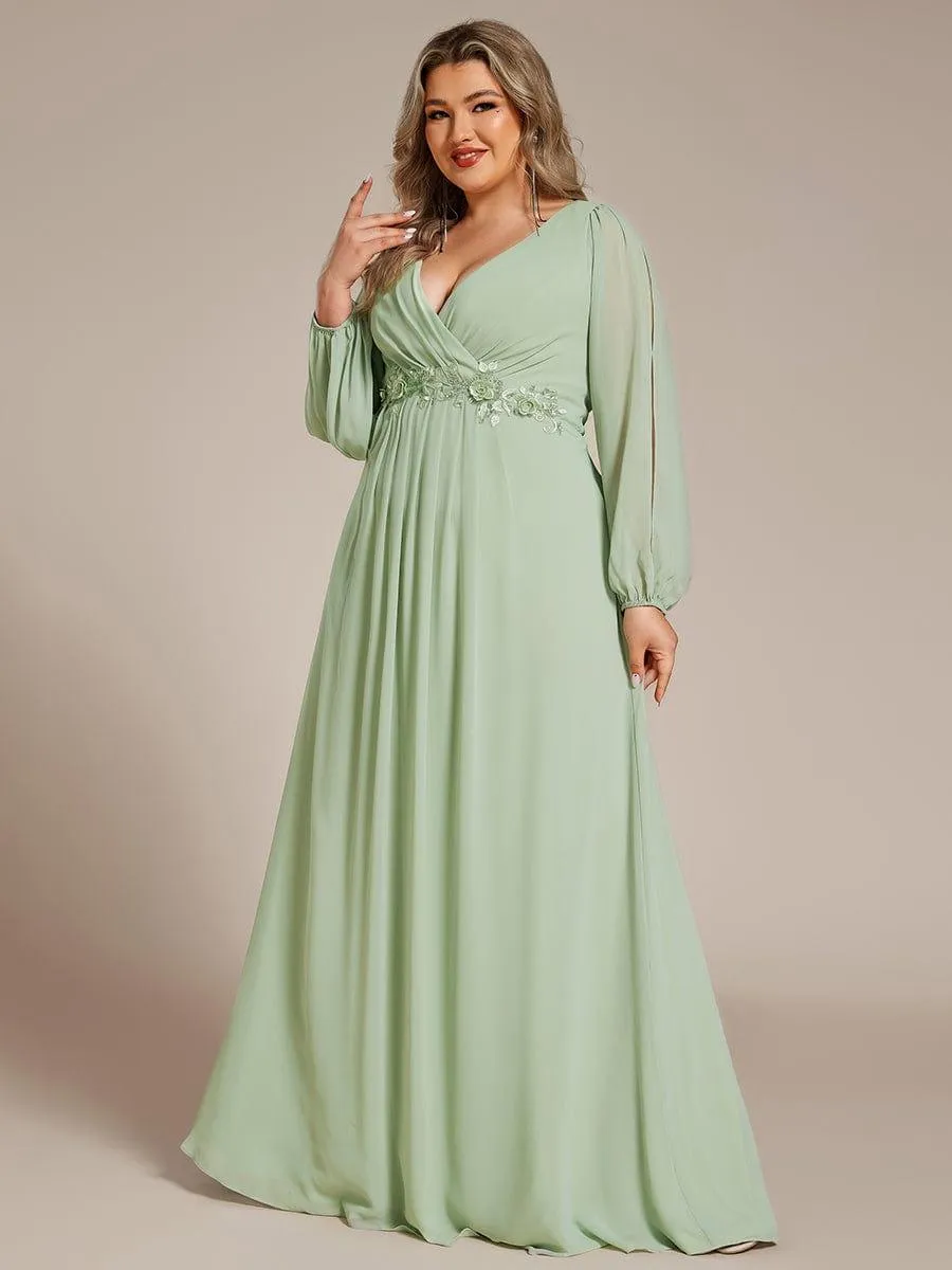 Iris | Stylish Plus Size Chiffon Formal Evening Dresses with Long Lantern Sleeves