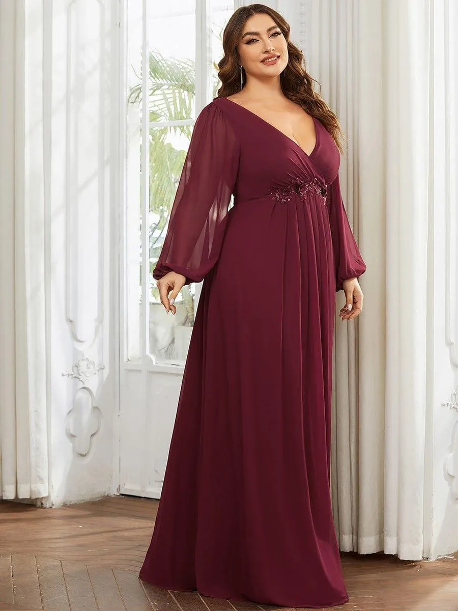 Iris | Stylish Plus Size Chiffon Formal Evening Dresses with Long Lantern Sleeves