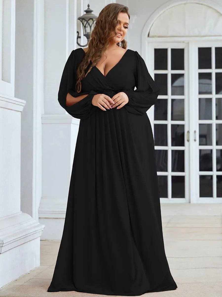 Iris | Stylish Plus Size Chiffon Formal Evening Dresses with Long Lantern Sleeves