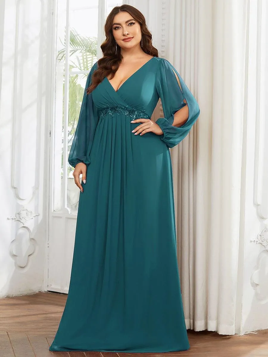 Iris | Stylish Plus Size Chiffon Formal Evening Dresses with Long Lantern Sleeves