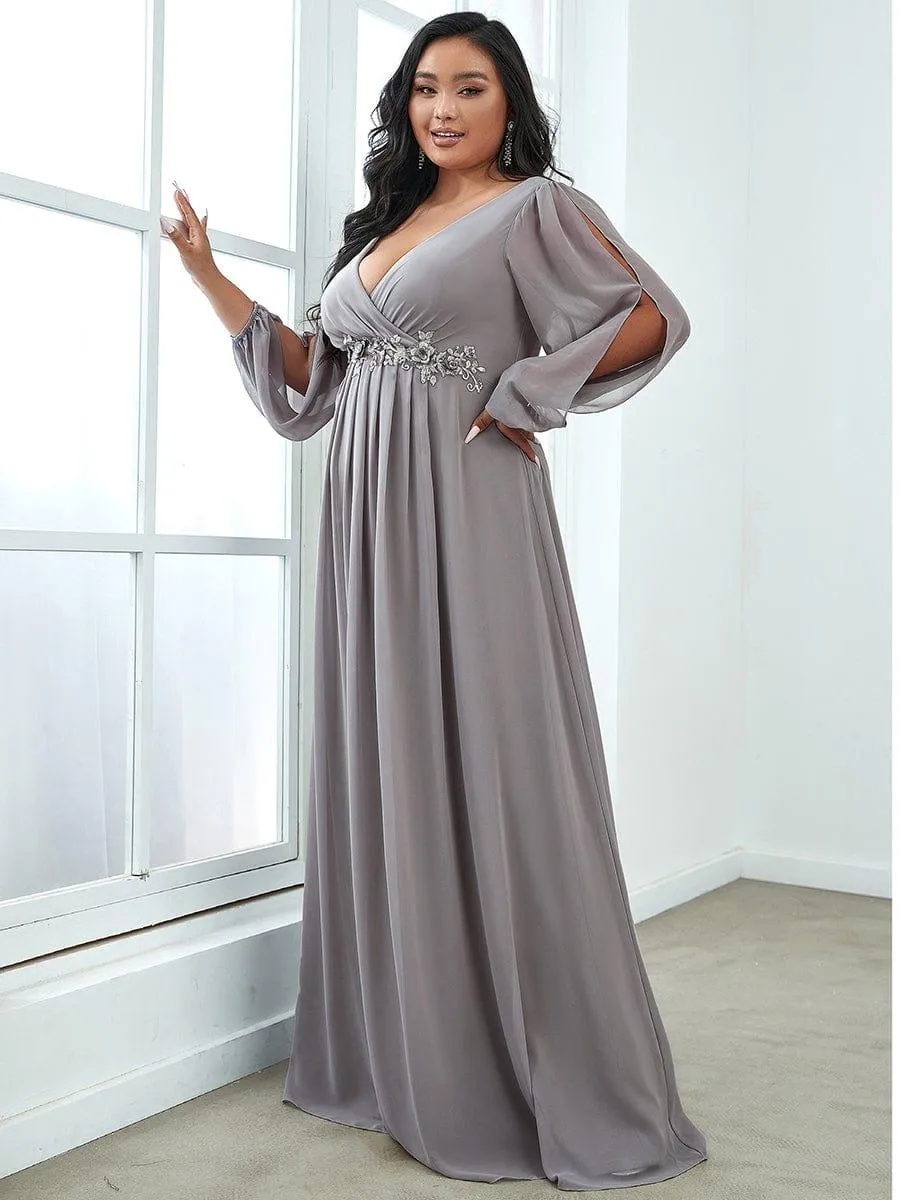 Iris | Stylish Plus Size Chiffon Formal Evening Dresses with Long Lantern Sleeves