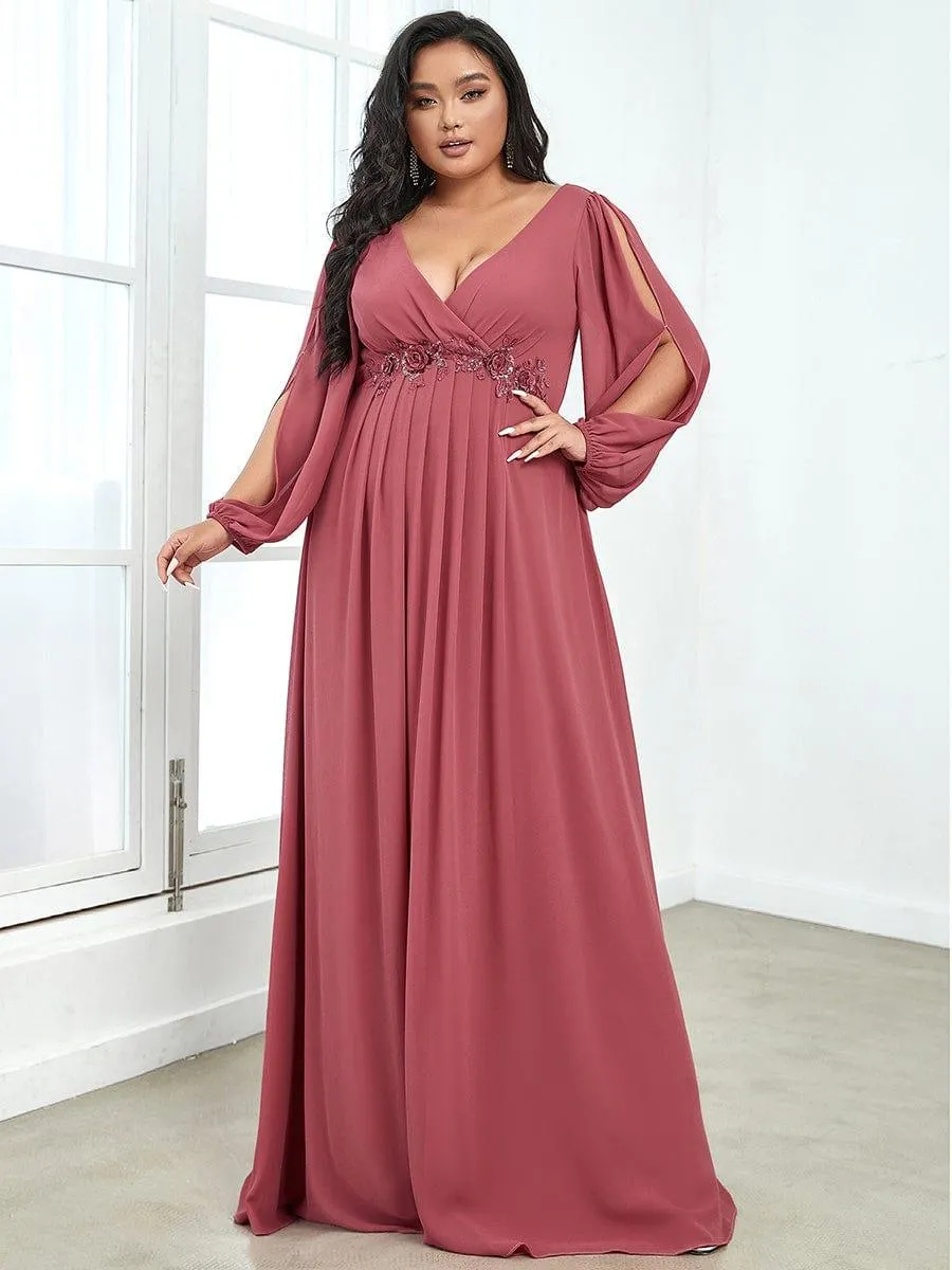 Iris | Stylish Plus Size Chiffon Formal Evening Dresses with Long Lantern Sleeves