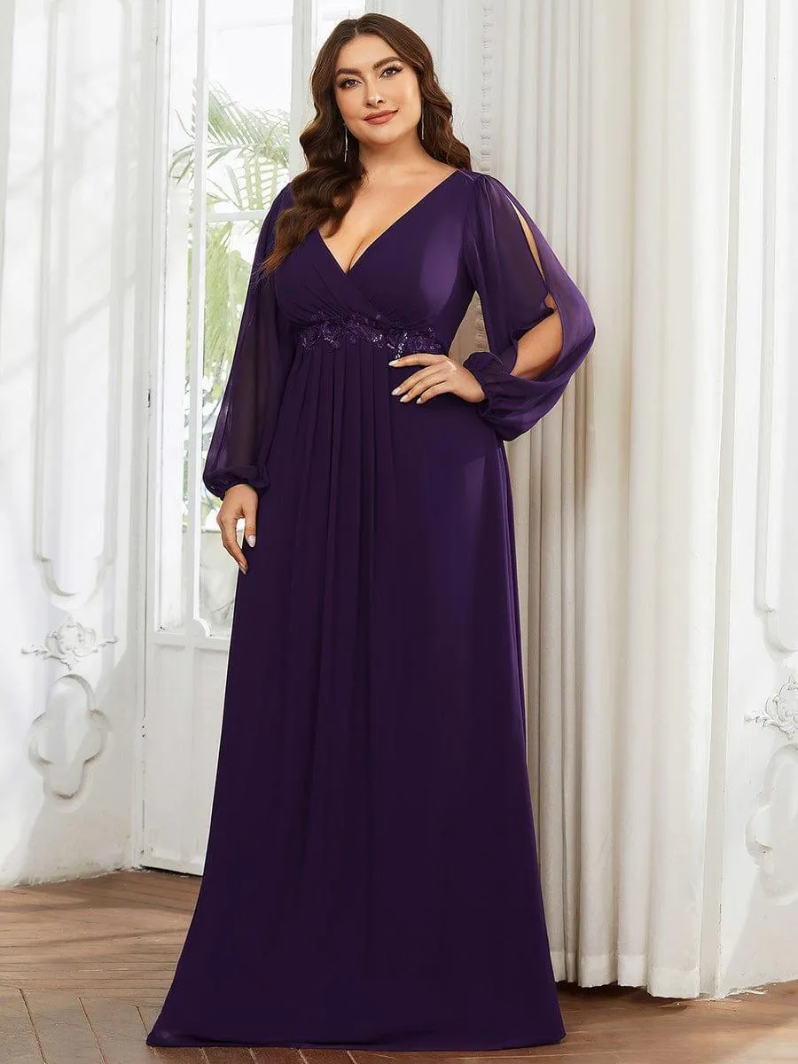 Iris | Stylish Plus Size Chiffon Formal Evening Dresses with Long Lantern Sleeves