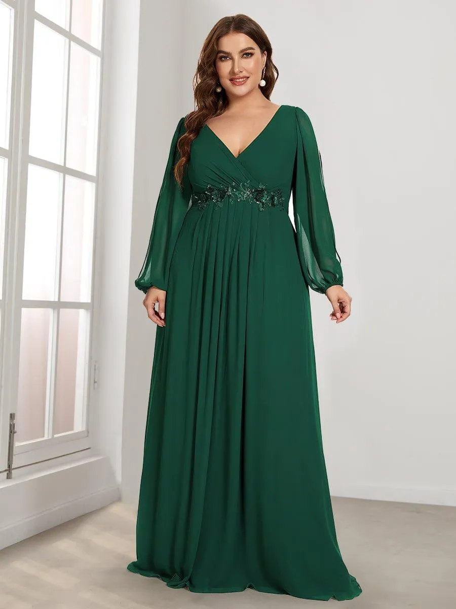 Iris | Stylish Plus Size Chiffon Formal Evening Dresses with Long Lantern Sleeves