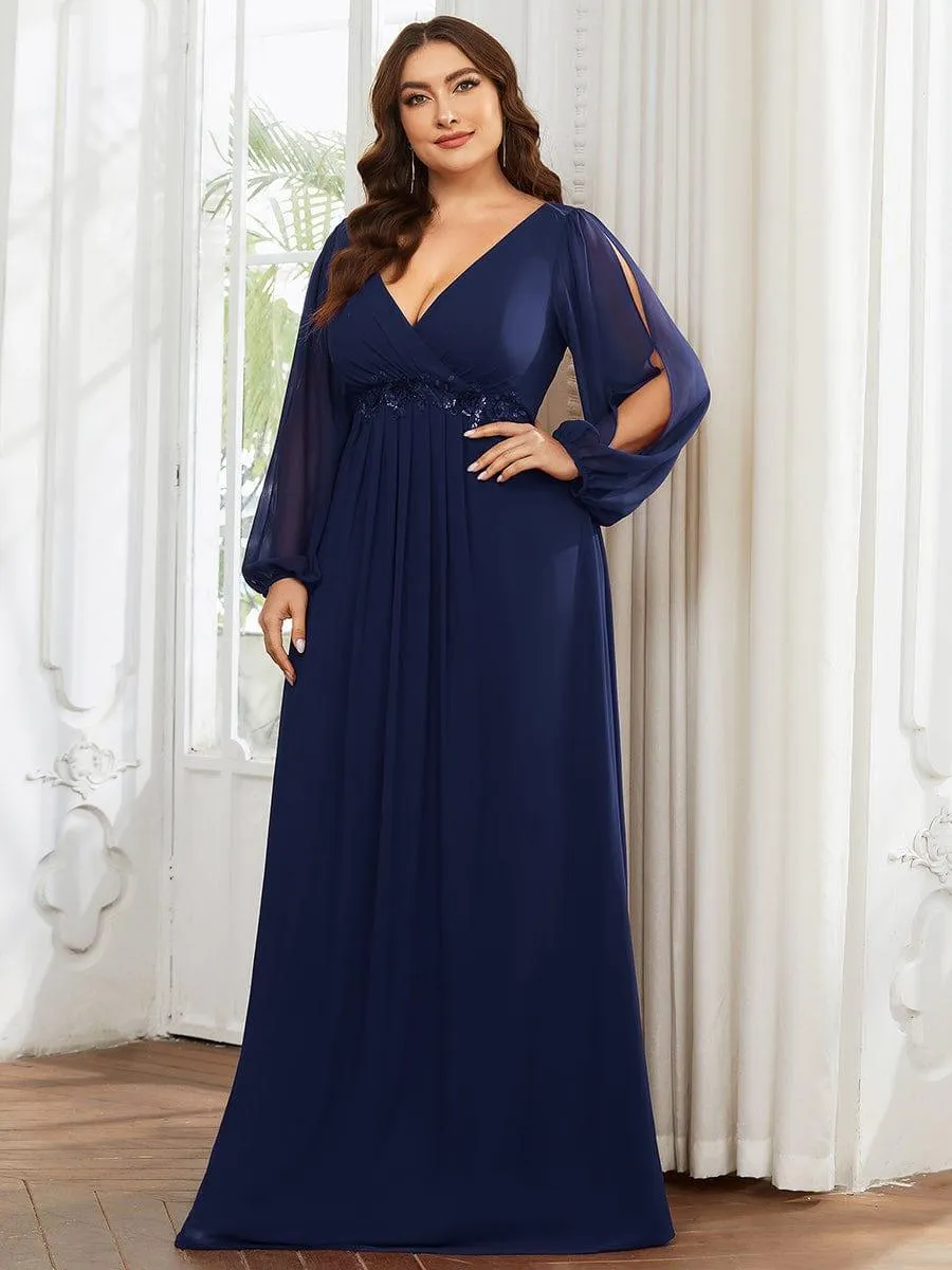 Iris | Stylish Plus Size Chiffon Formal Evening Dresses with Long Lantern Sleeves