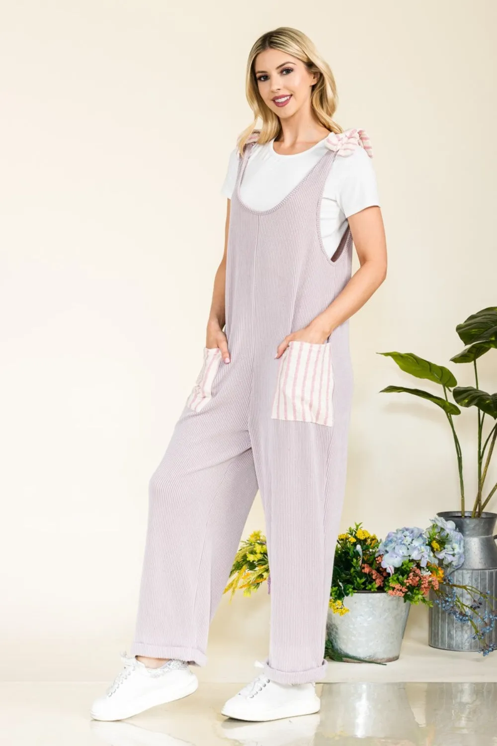 KESLEY Stripe Contrast Pocket Rib Jumpsuit Petite and Plus Size Pants Romper Women's Fashion