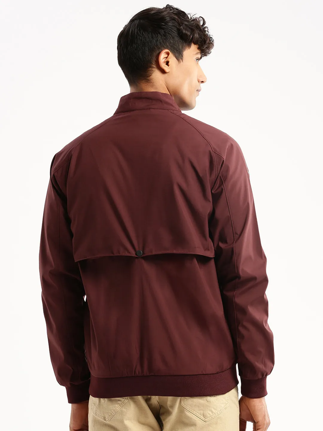 Men Maroon Mock Collar Solid Bomber