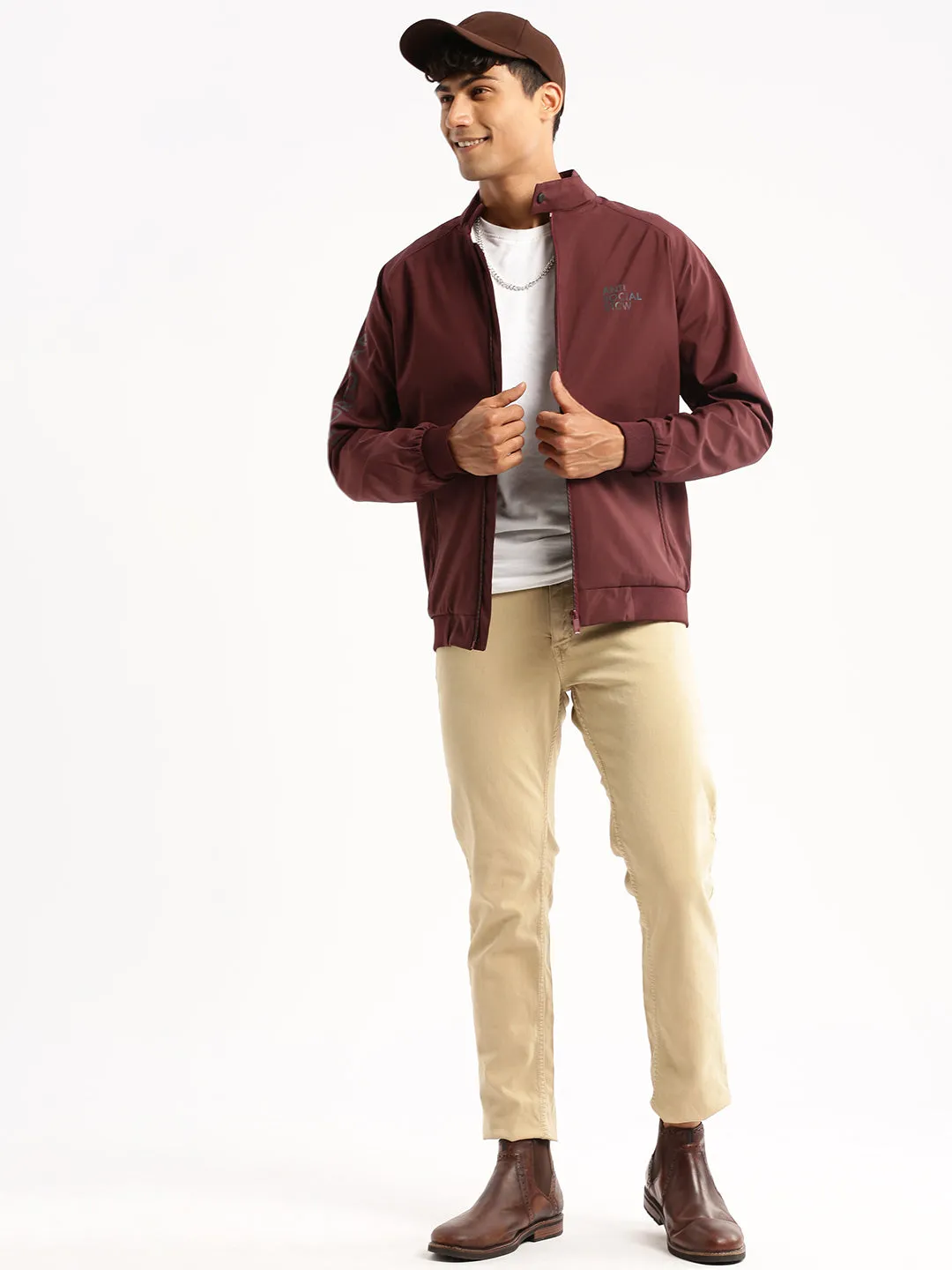 Men Maroon Mock Collar Solid Bomber