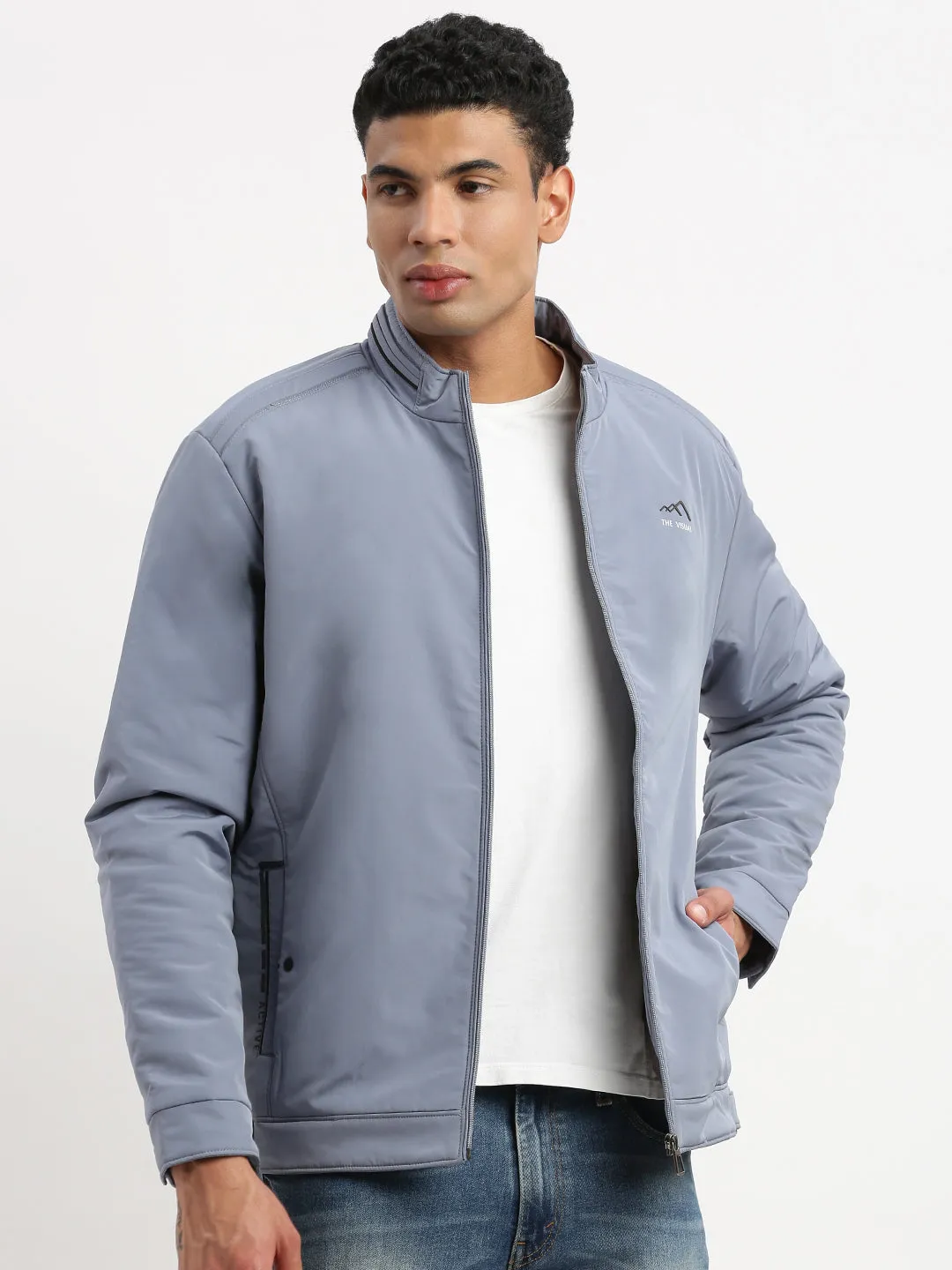 Men Mock Collar Blue Solid Bomber Jacket