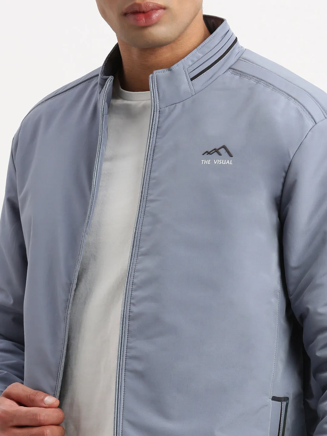 Men Mock Collar Blue Solid Bomber Jacket