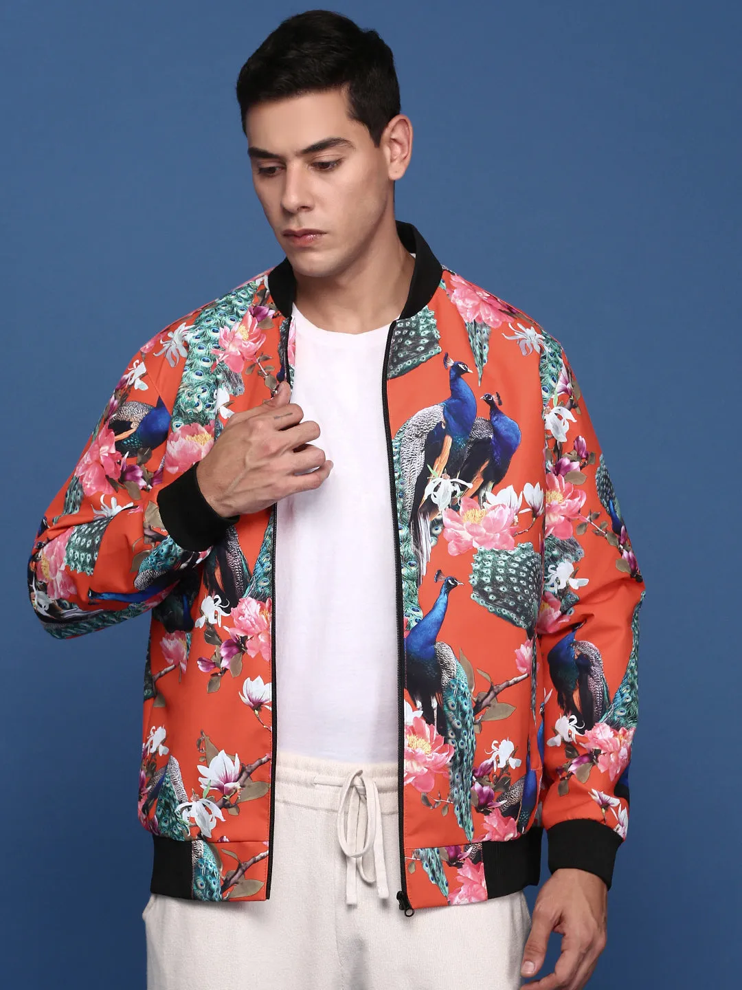 Men Printed Orange Bomber Jacket