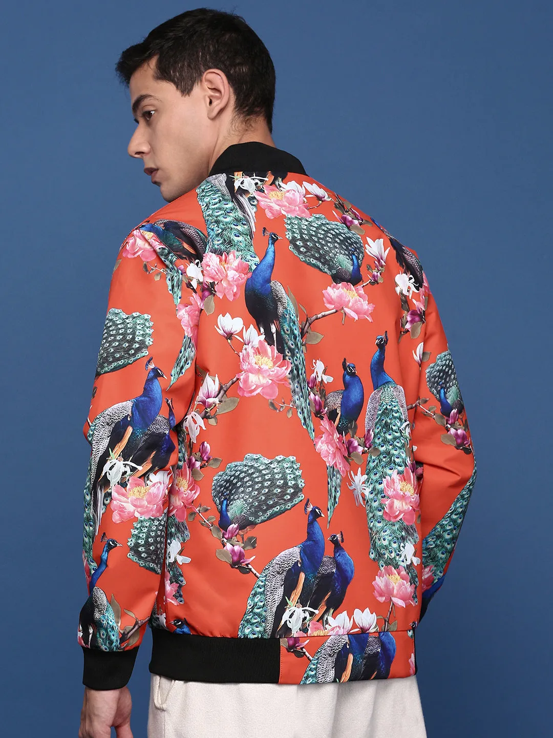 Men Printed Orange Bomber Jacket