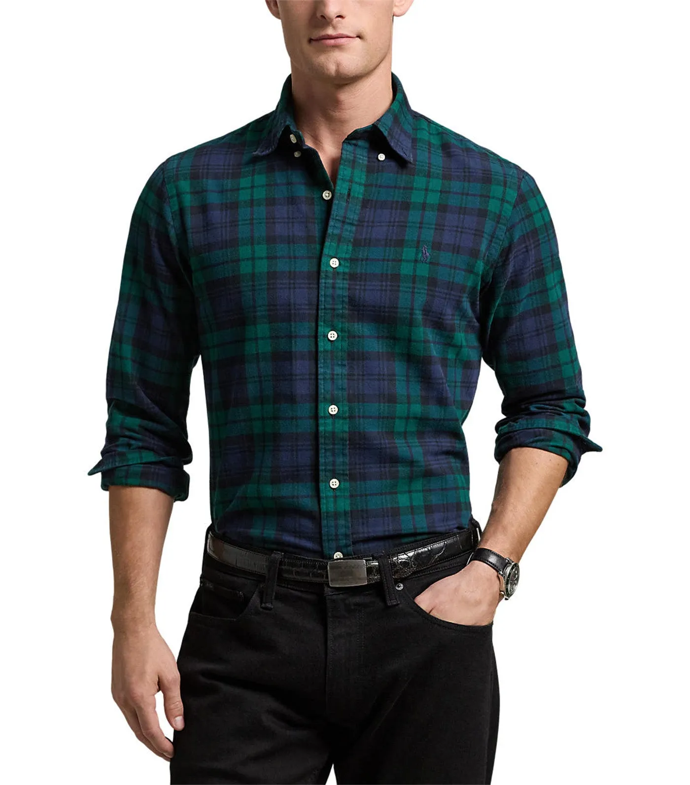 Men's Custom Fit Plaid Brushed Oxford Shirt Navy/Green Multi