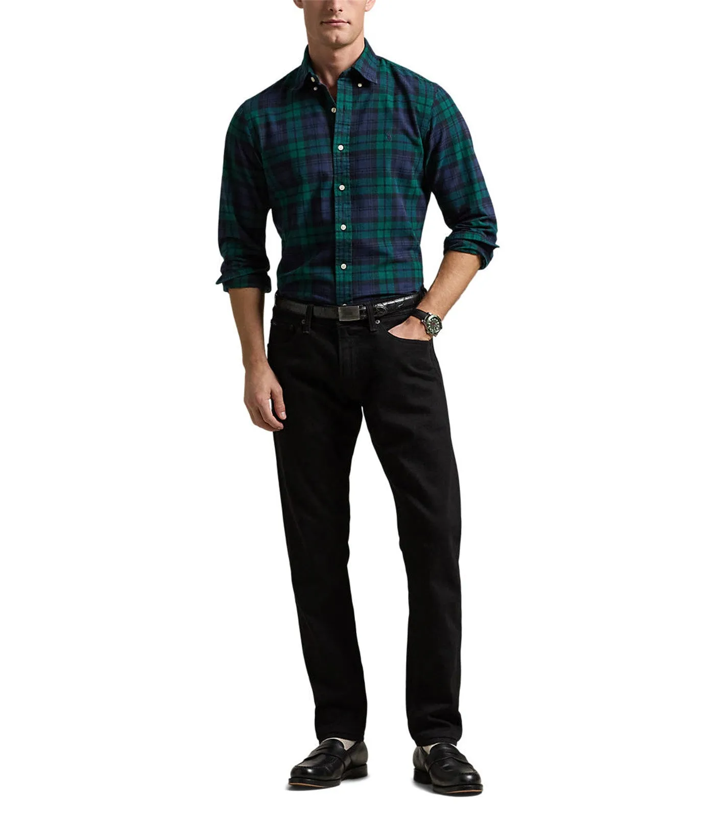 Men's Custom Fit Plaid Brushed Oxford Shirt Navy/Green Multi