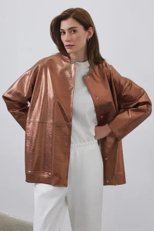 Shiny Coated Bomber Jacket Copper