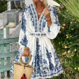 Stylish V-Neck Bohemian Ethnic Style Dress