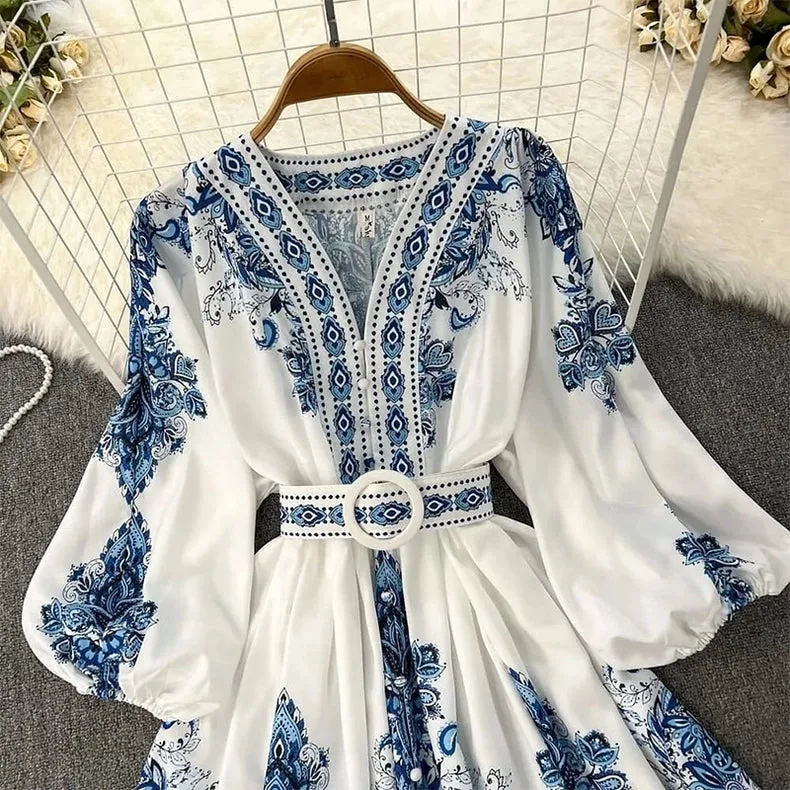 Stylish V-Neck Bohemian Ethnic Style Dress