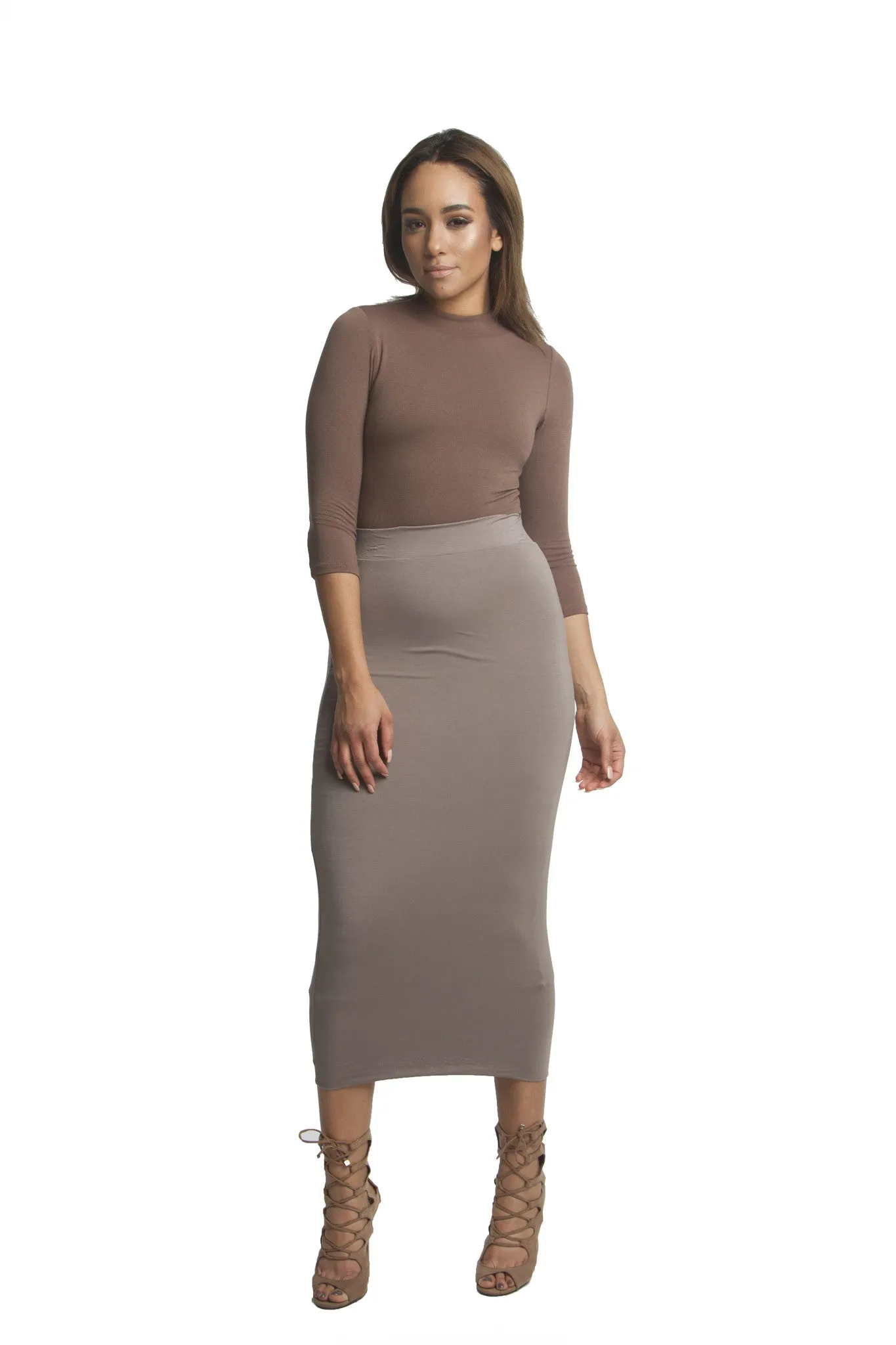 THE MYSTYLEMODE MOCHA DOUBLE LINED STRETCH HIGH WAISTED MIDI SKIRT