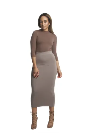 THE MYSTYLEMODE MOCHA DOUBLE LINED STRETCH HIGH WAISTED MIDI SKIRT